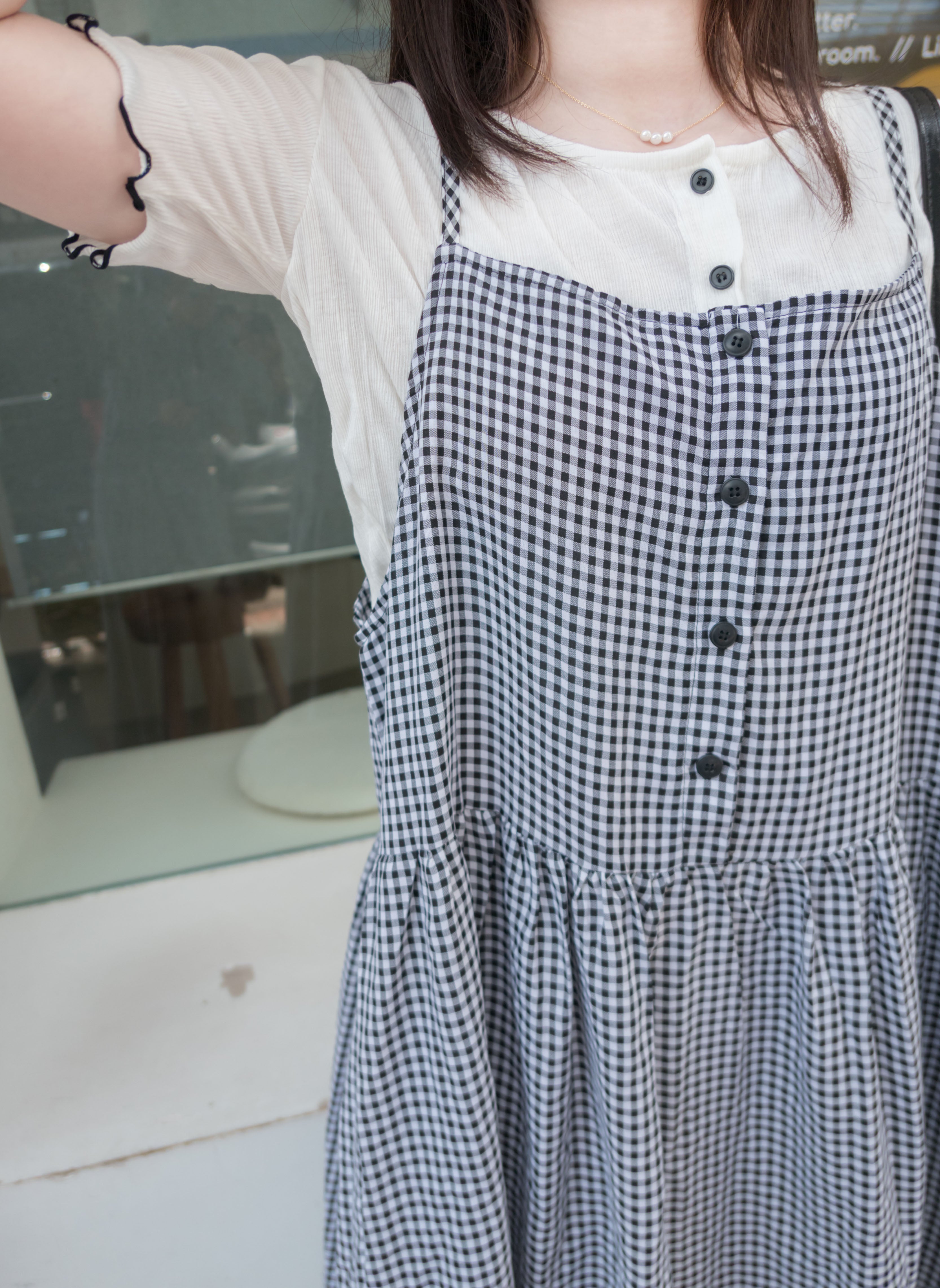 Check 飄逸格子假修腰口袋吊帶裙, Dress/ DS9102