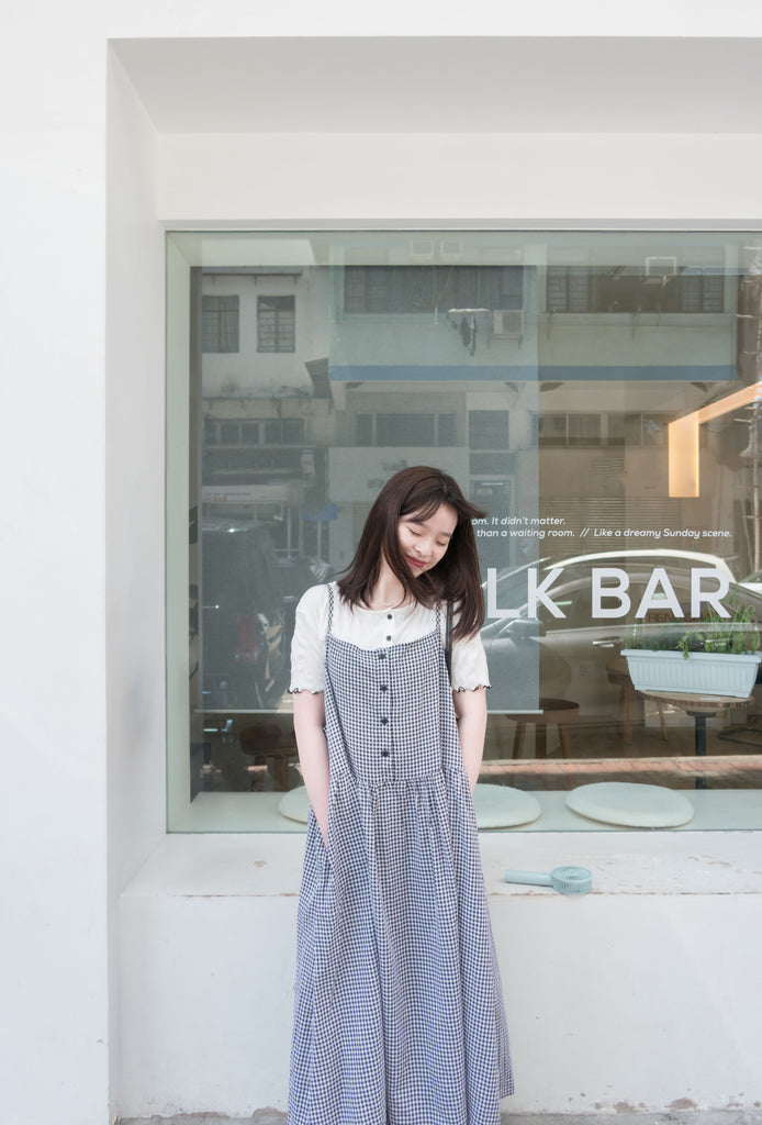 Check 飄逸格子假修腰口袋吊帶裙, Dress/ DS9102