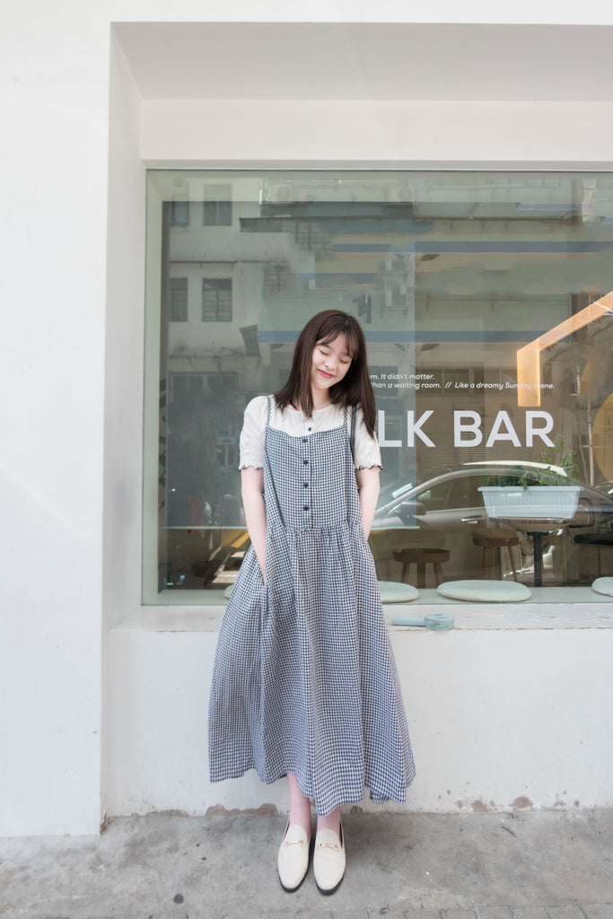 Check 飄逸格子假修腰口袋吊帶裙, Dress/ DS9102
