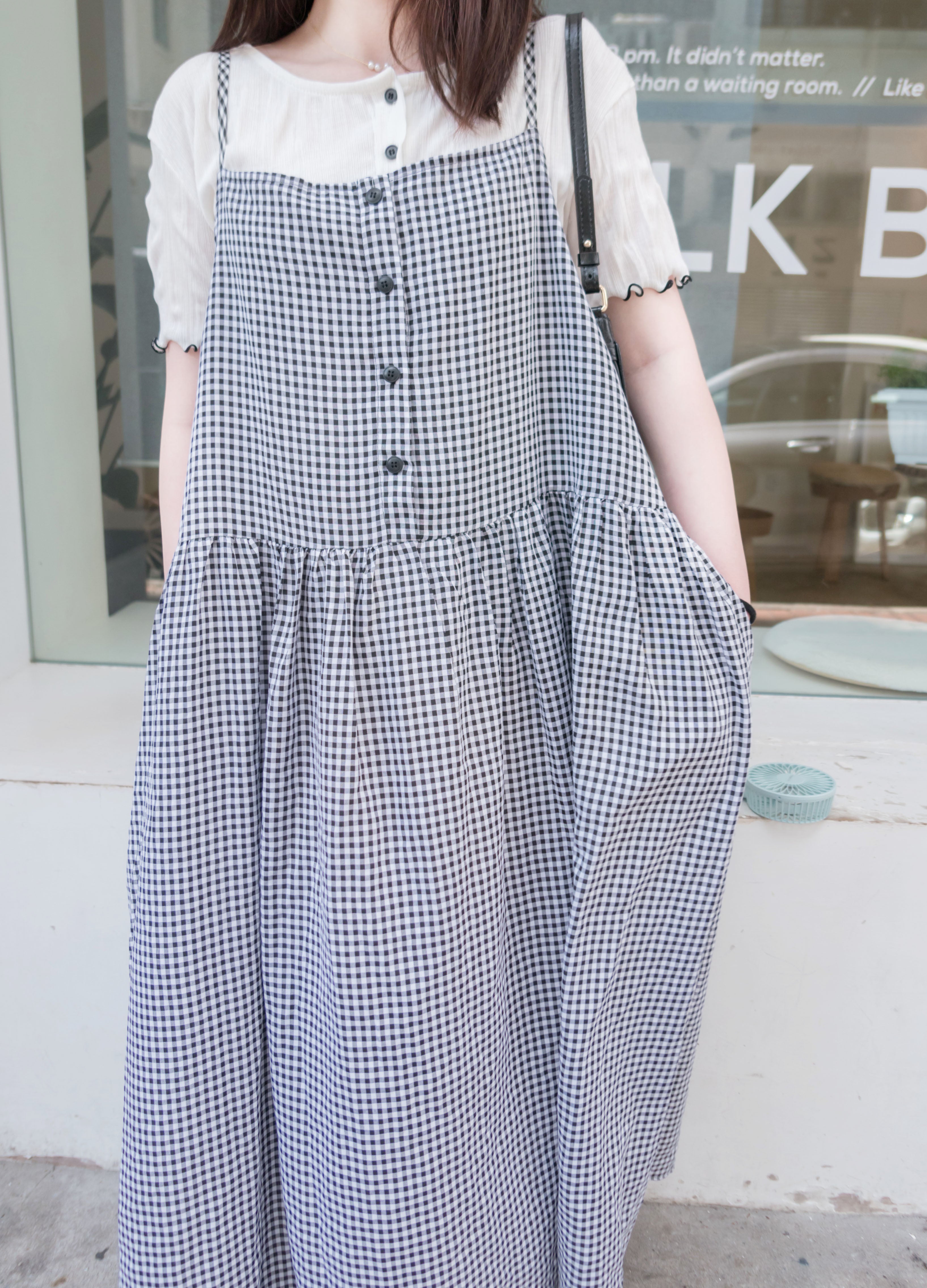 Check 飄逸格子假修腰口袋吊帶裙, Dress/ DS9102