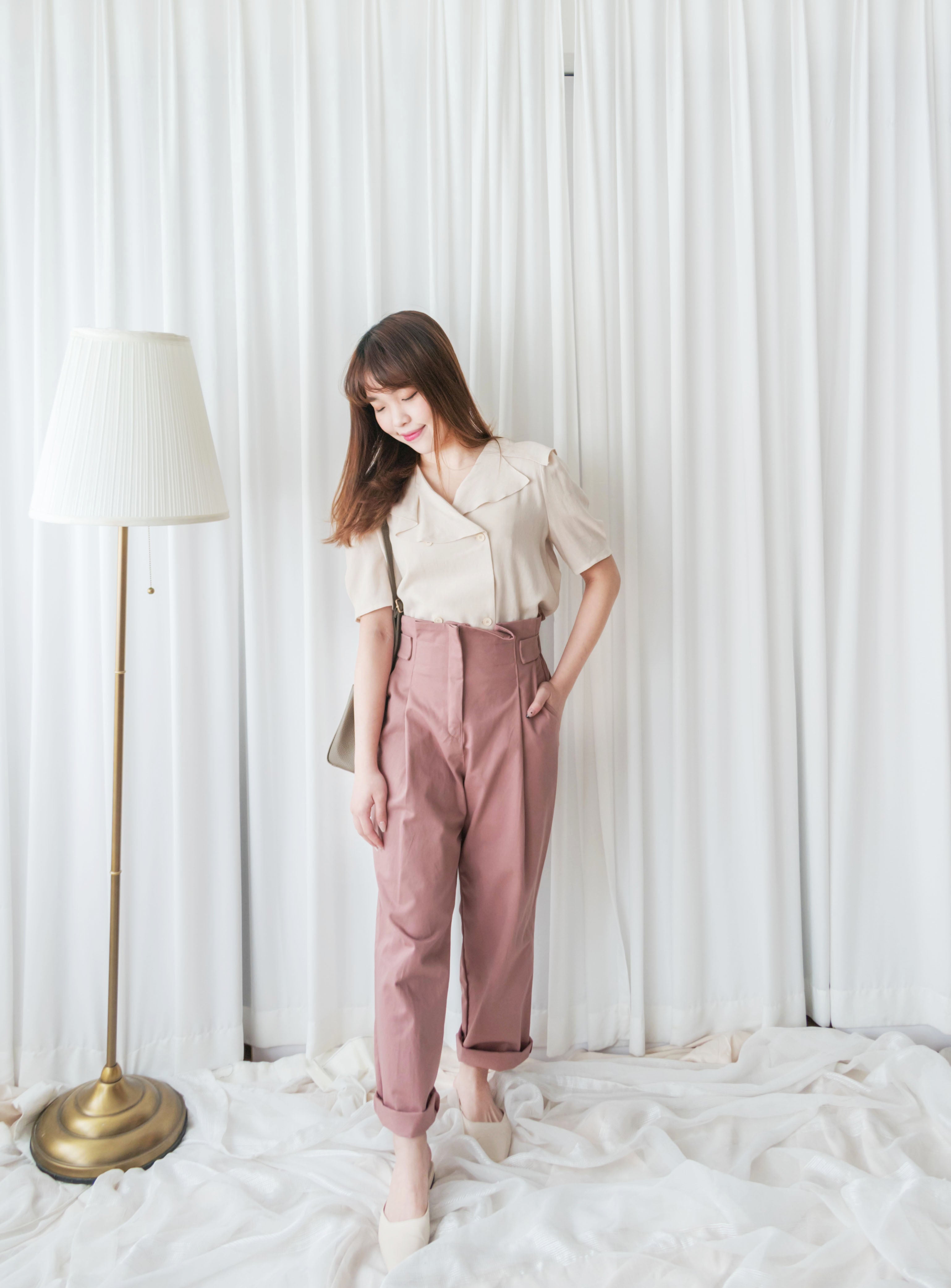 High Waist 設計感腰身高腰顯瘦闊鬆, Pants/ PT8354 (palevioletred soldout)