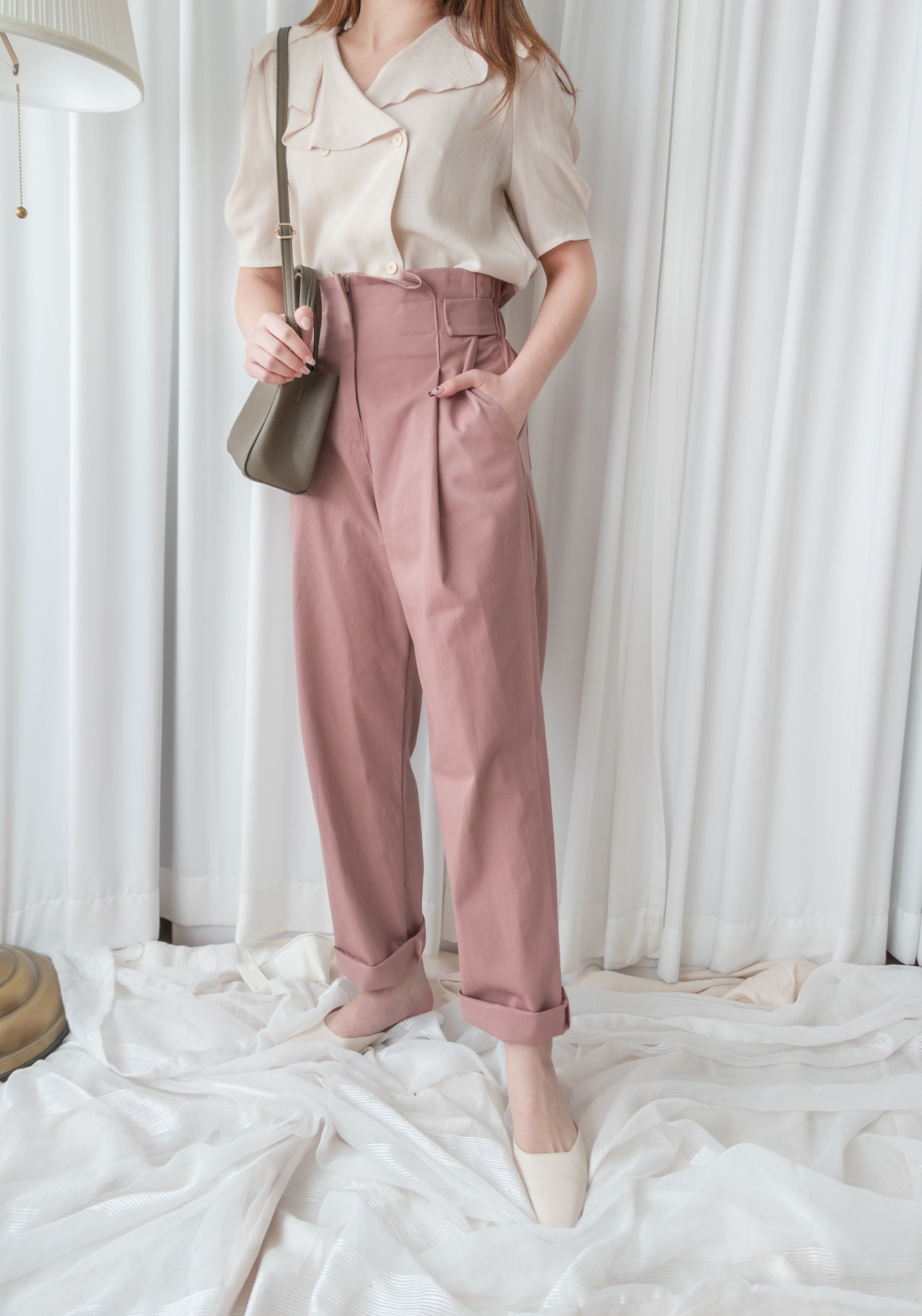 High Waist 設計感腰身高腰顯瘦闊鬆, Pants/ PT8354 (palevioletred soldout)