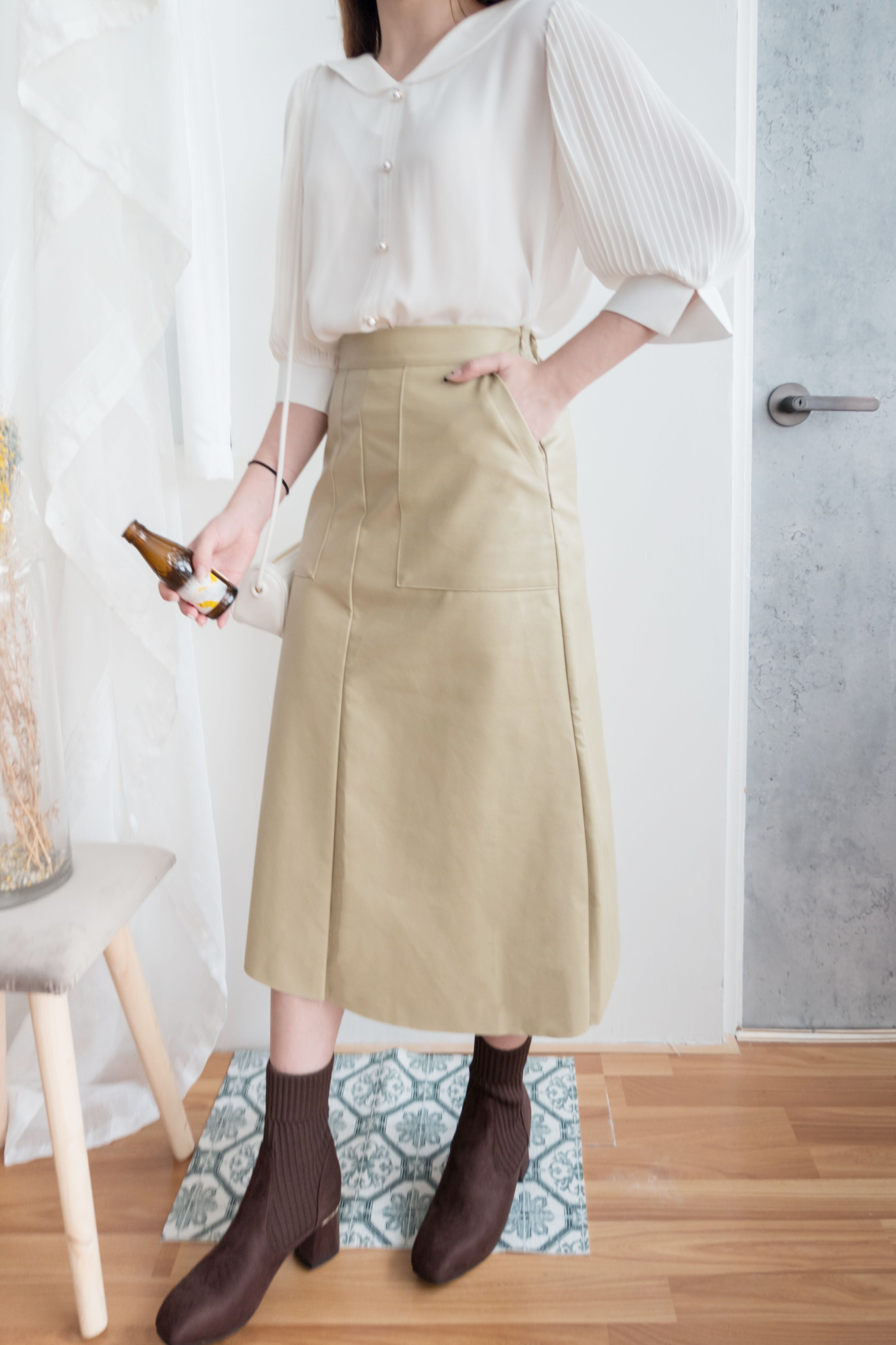 Faux Leather 簡約皮感雙口袋半身裙, Skirt/ SK8646