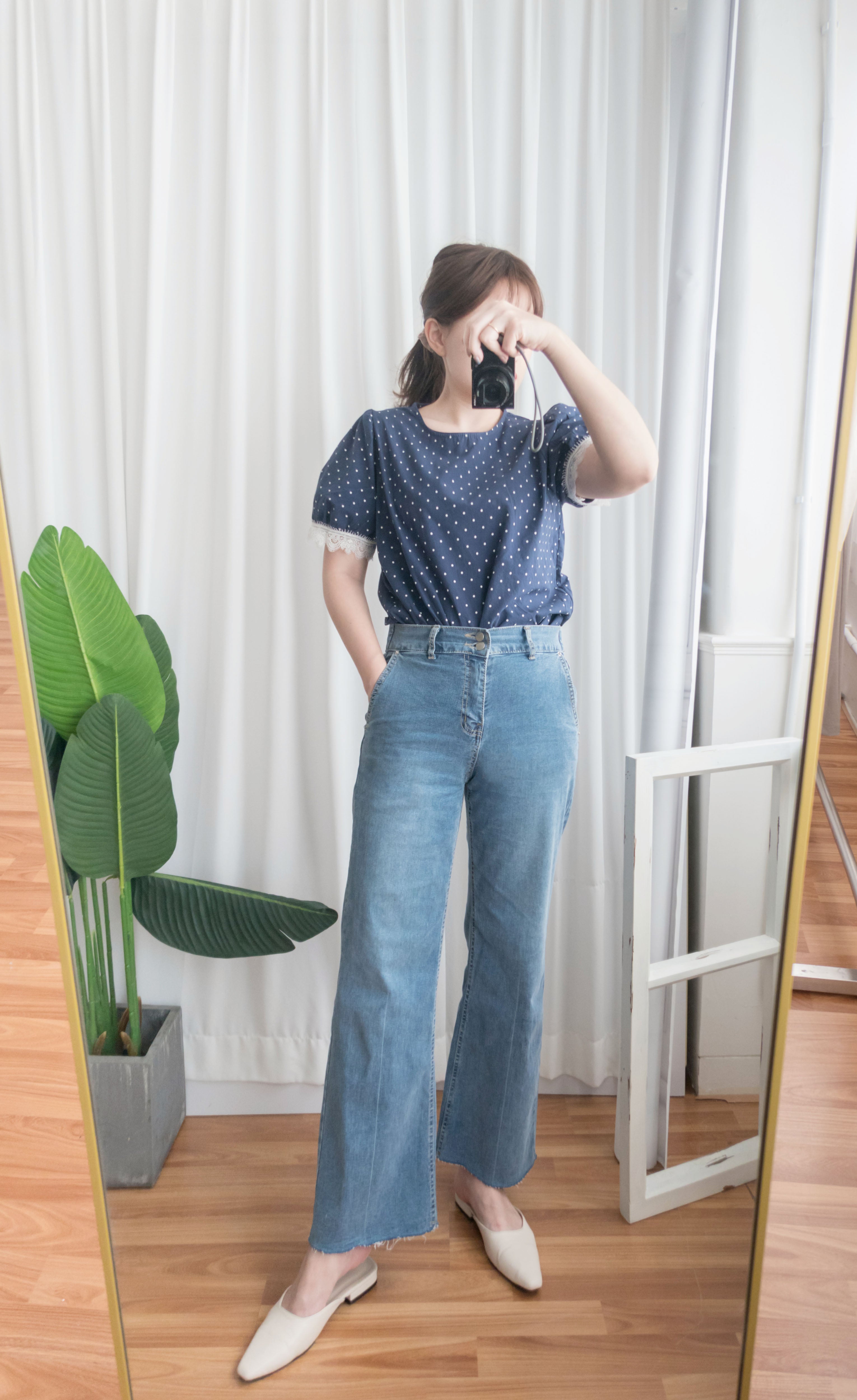 Denim 全彈性高腰雙鈕扣牛仔闊褲, Jeans/ PT8355