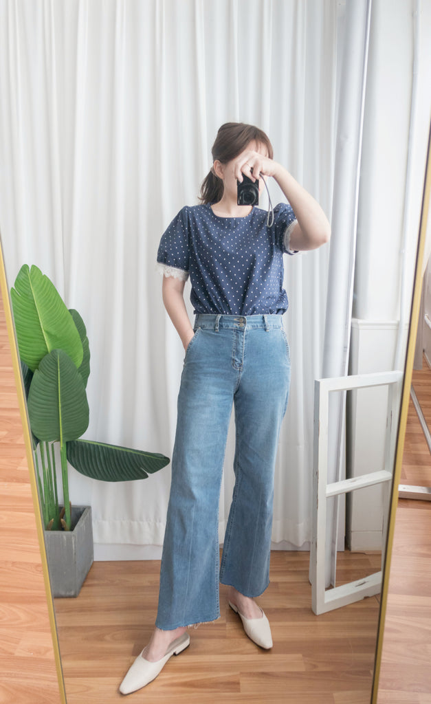 Denim 全彈性高腰雙鈕扣牛仔闊褲, Jeans/ PT8355