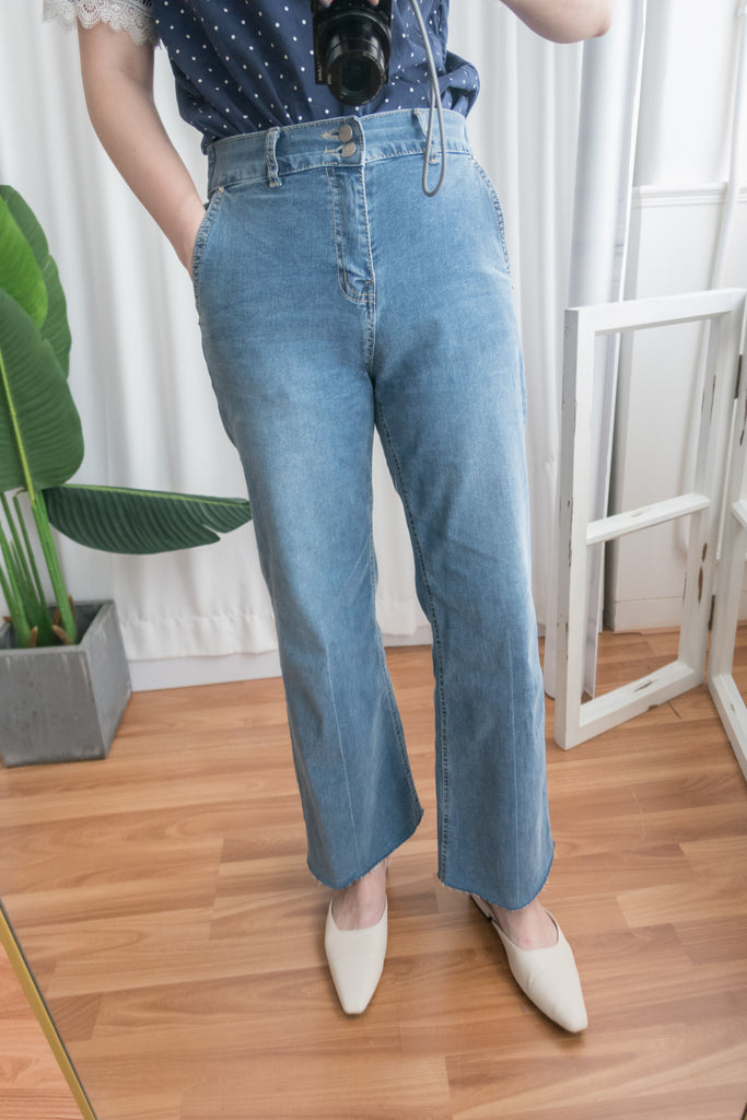 Denim 全彈性高腰雙鈕扣牛仔闊褲, Jeans/ PT8355