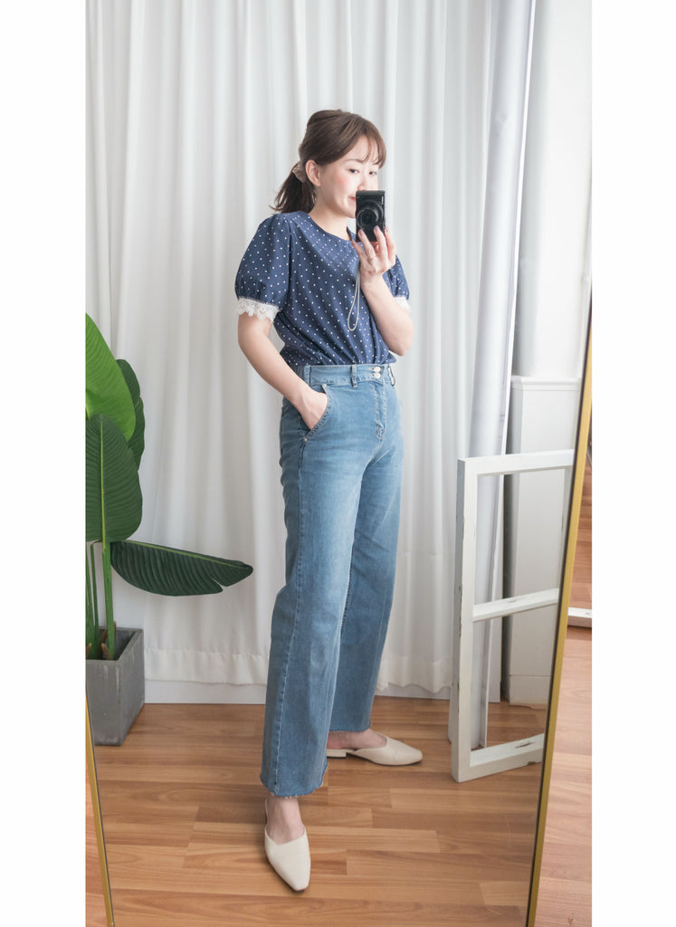 Denim 全彈性高腰雙鈕扣牛仔闊褲, Jeans/ PT8355