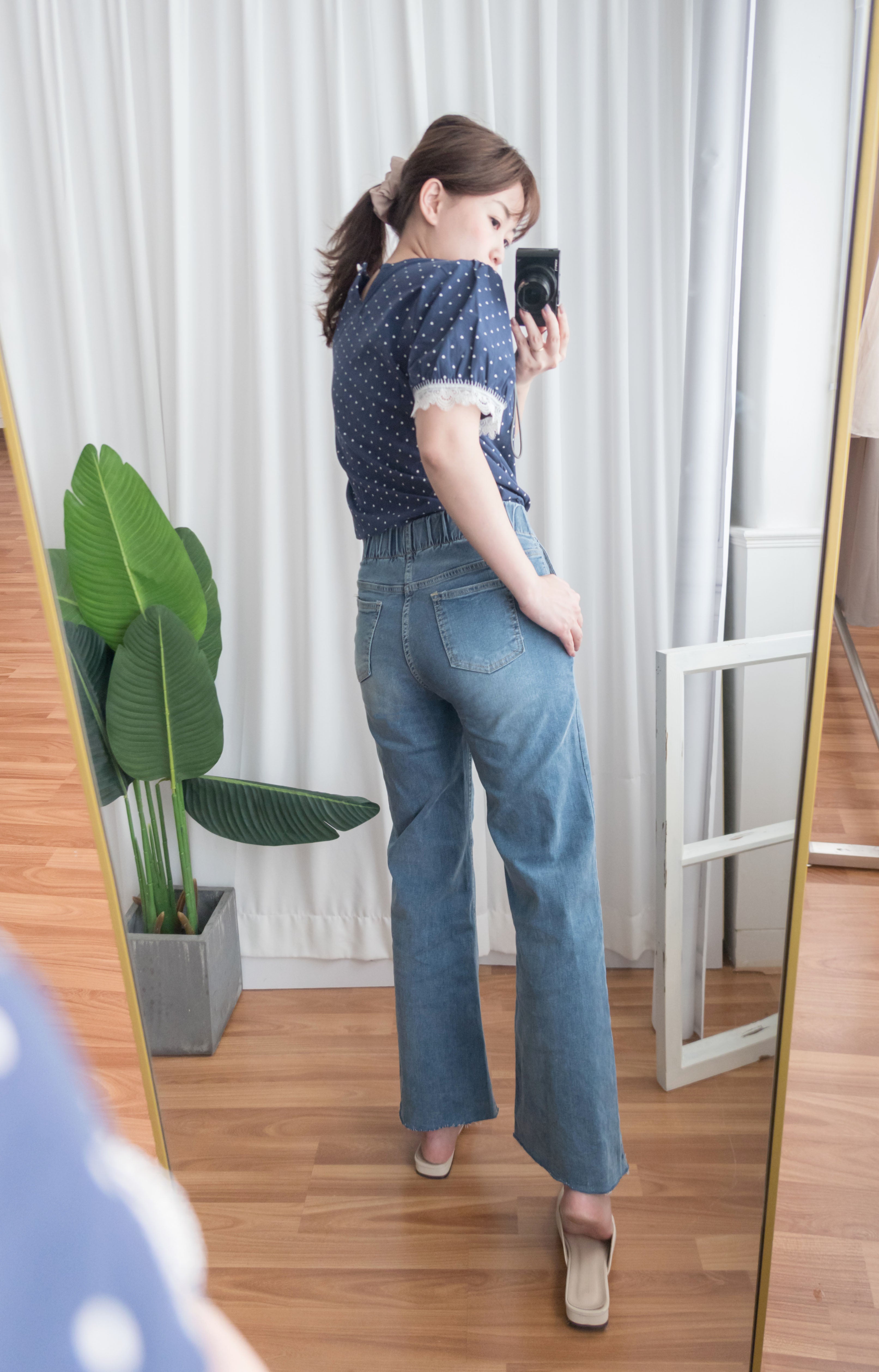 Denim 全彈性高腰雙鈕扣牛仔闊褲, Jeans/ PT8355
