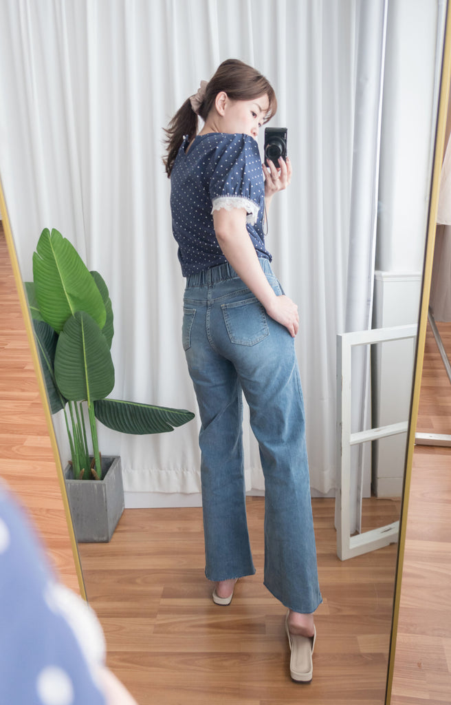 Denim 全彈性高腰雙鈕扣牛仔闊褲, Jeans/ PT8355