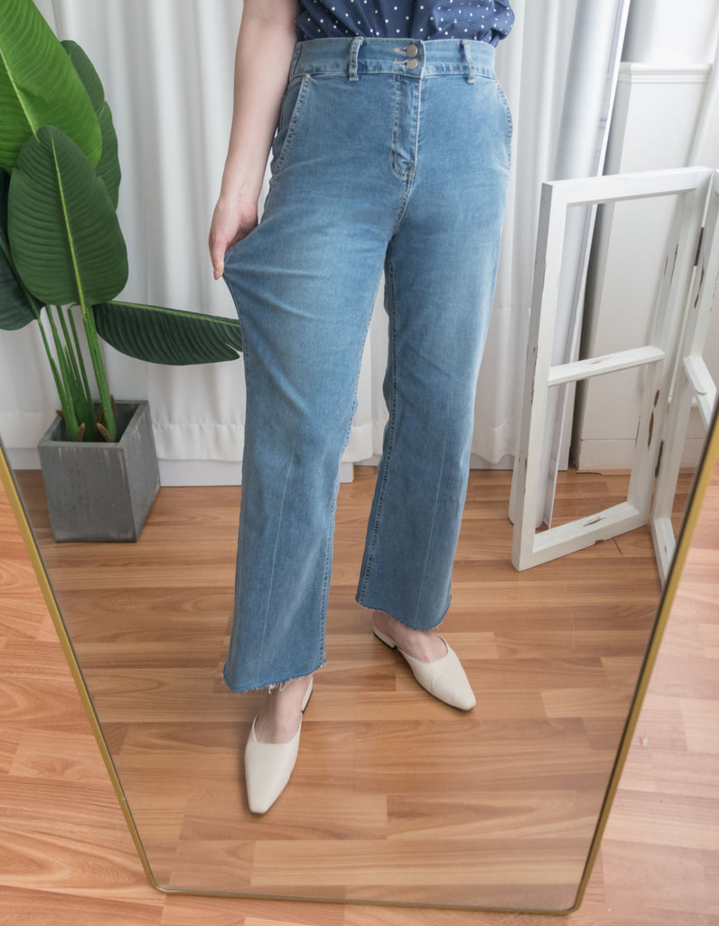 Denim 全彈性高腰雙鈕扣牛仔闊褲, Jeans/ PT8355