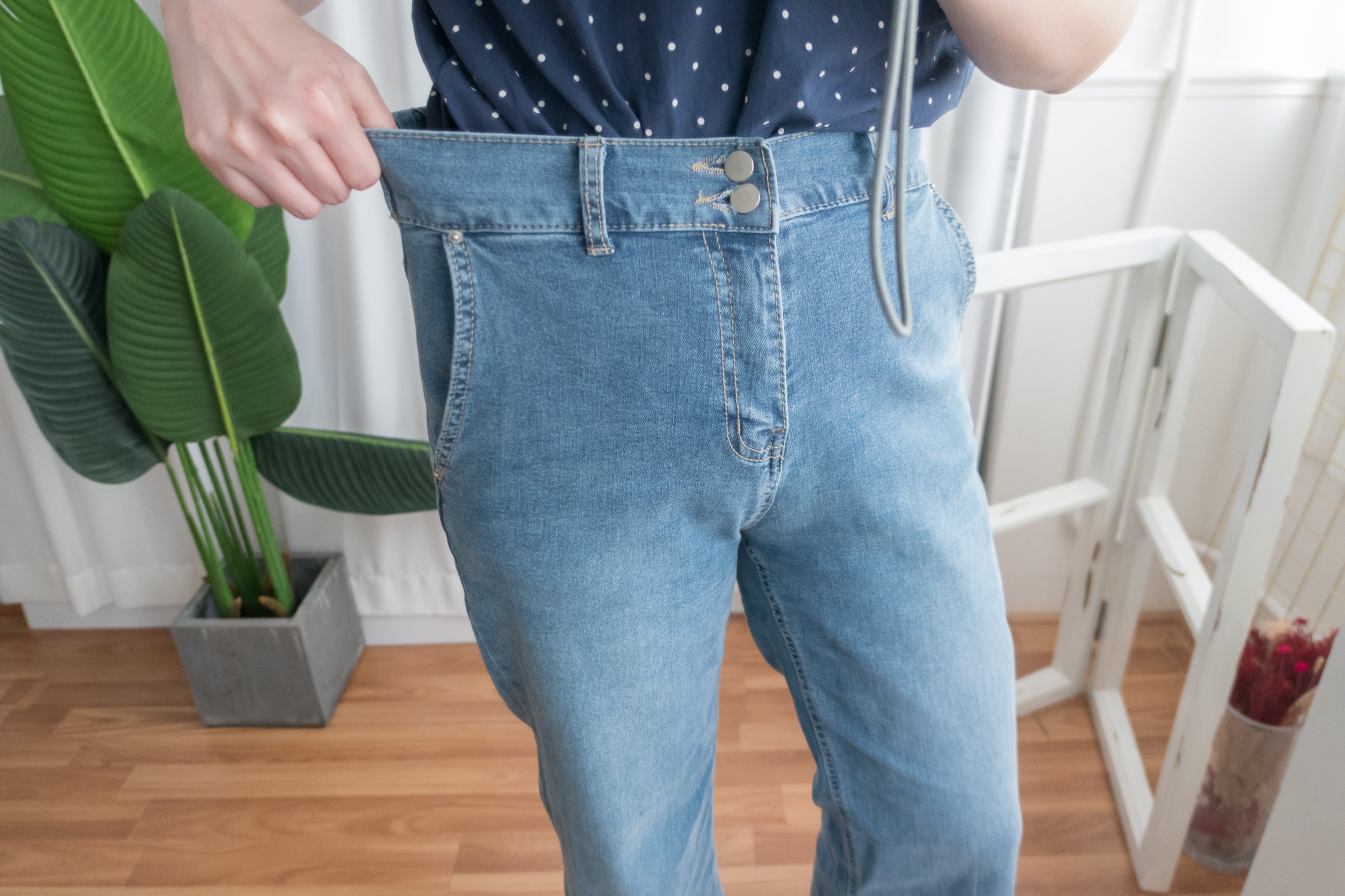 Denim 全彈性高腰雙鈕扣牛仔闊褲, Jeans/ PT8355