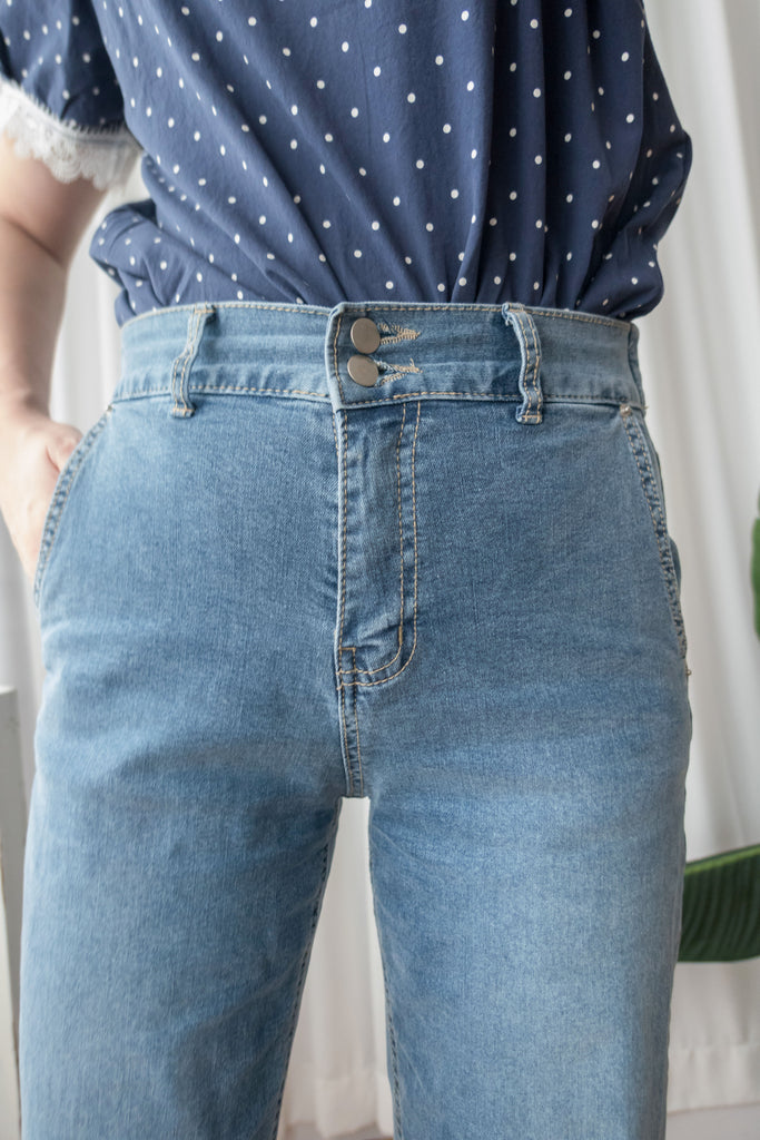 Denim 全彈性高腰雙鈕扣牛仔闊褲, Jeans/ PT8355