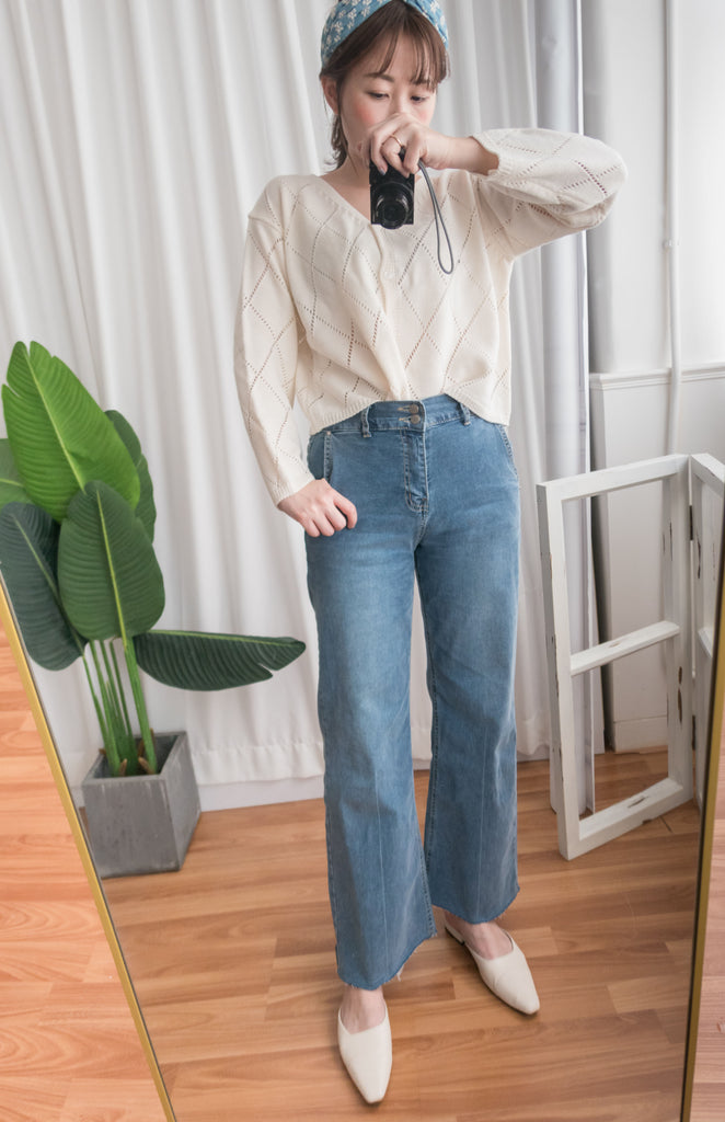 Denim 全彈性高腰雙鈕扣牛仔闊褲, Jeans/ PT8355