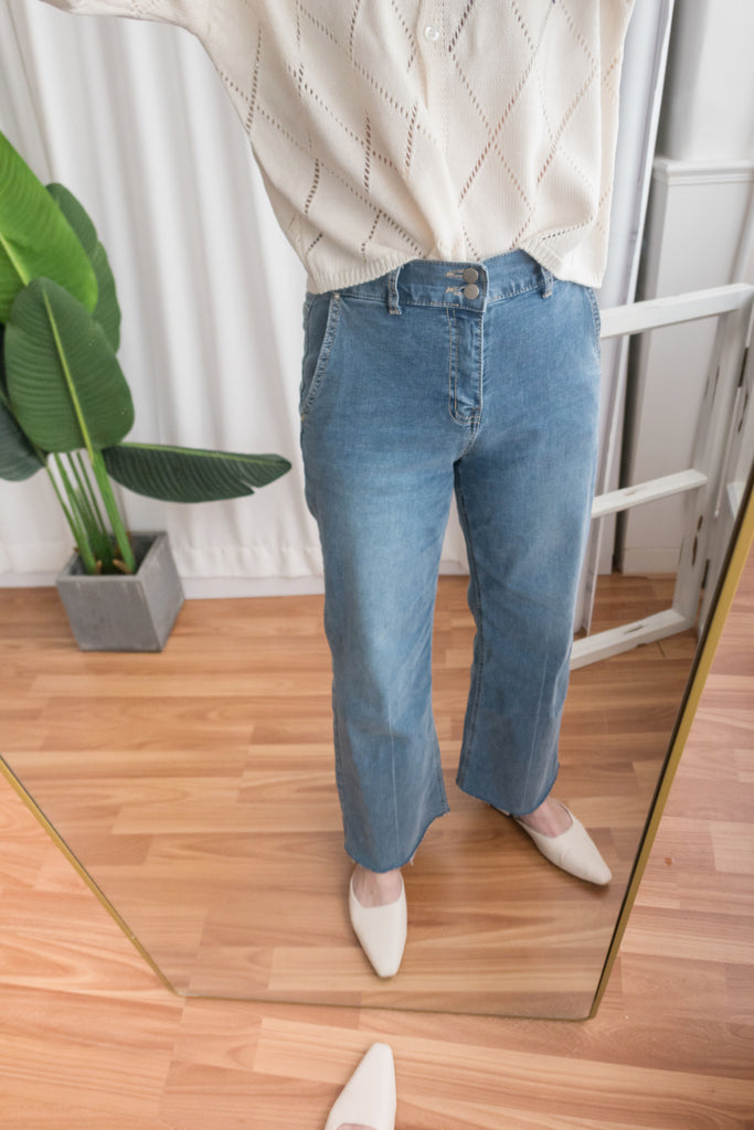 Denim 全彈性高腰雙鈕扣牛仔闊褲, Jeans/ PT8355