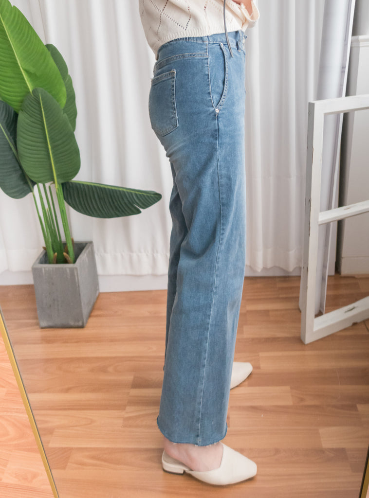 Denim 全彈性高腰雙鈕扣牛仔闊褲, Jeans/ PT8355