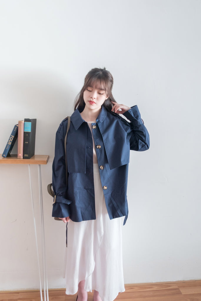 Navy 深藍單排鈕中短款風衣, Jacket/ JK8094