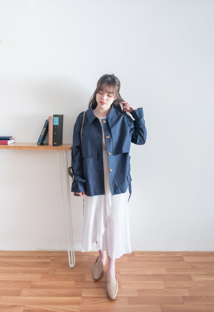 Navy 深藍單排鈕中短款風衣, Jacket/ JK8094