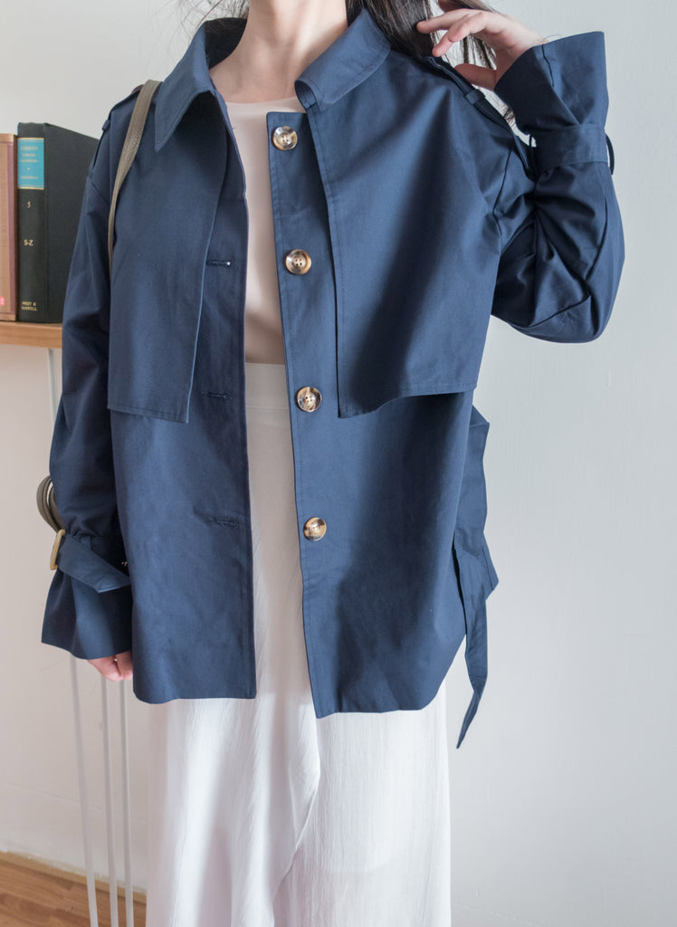 Navy 深藍單排鈕中短款風衣, Jacket/ JK8094