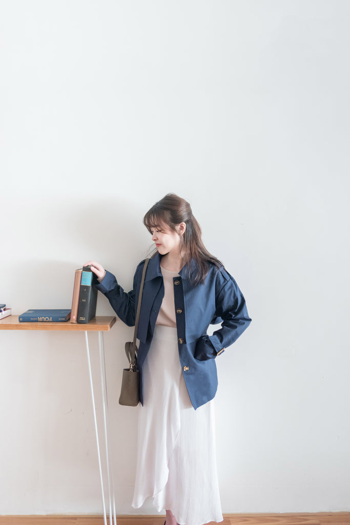 Navy 深藍單排鈕中短款風衣, Jacket/ JK8094