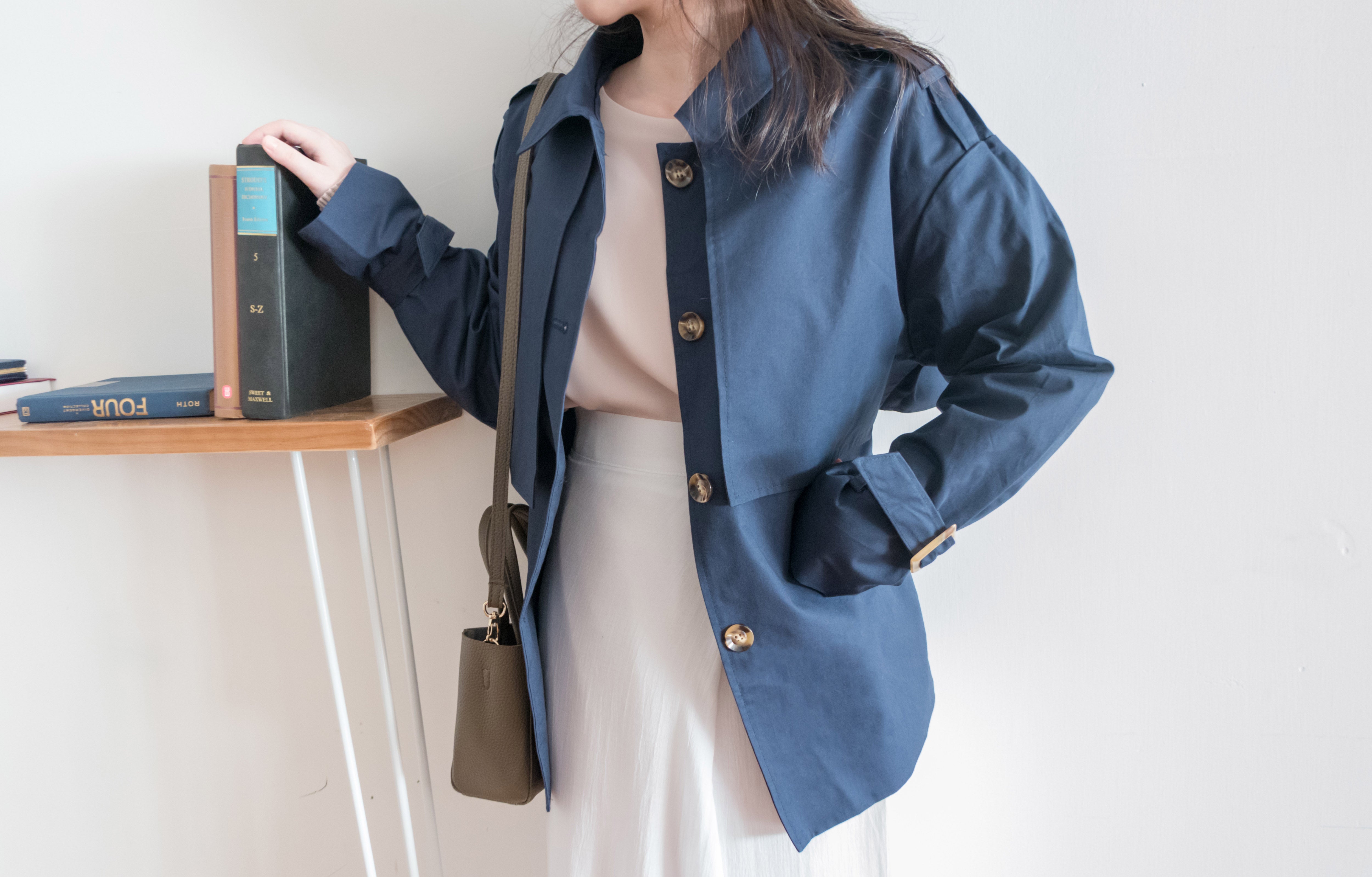Navy 深藍單排鈕中短款風衣, Jacket/ JK8094