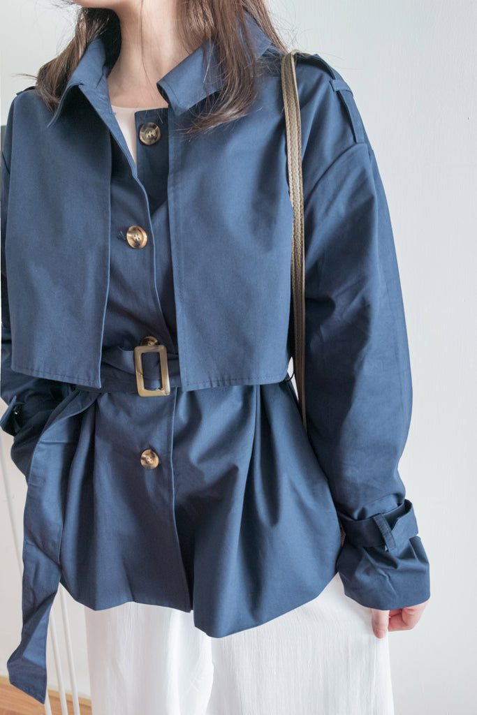 Navy 深藍單排鈕中短款風衣, Jacket/ JK8094