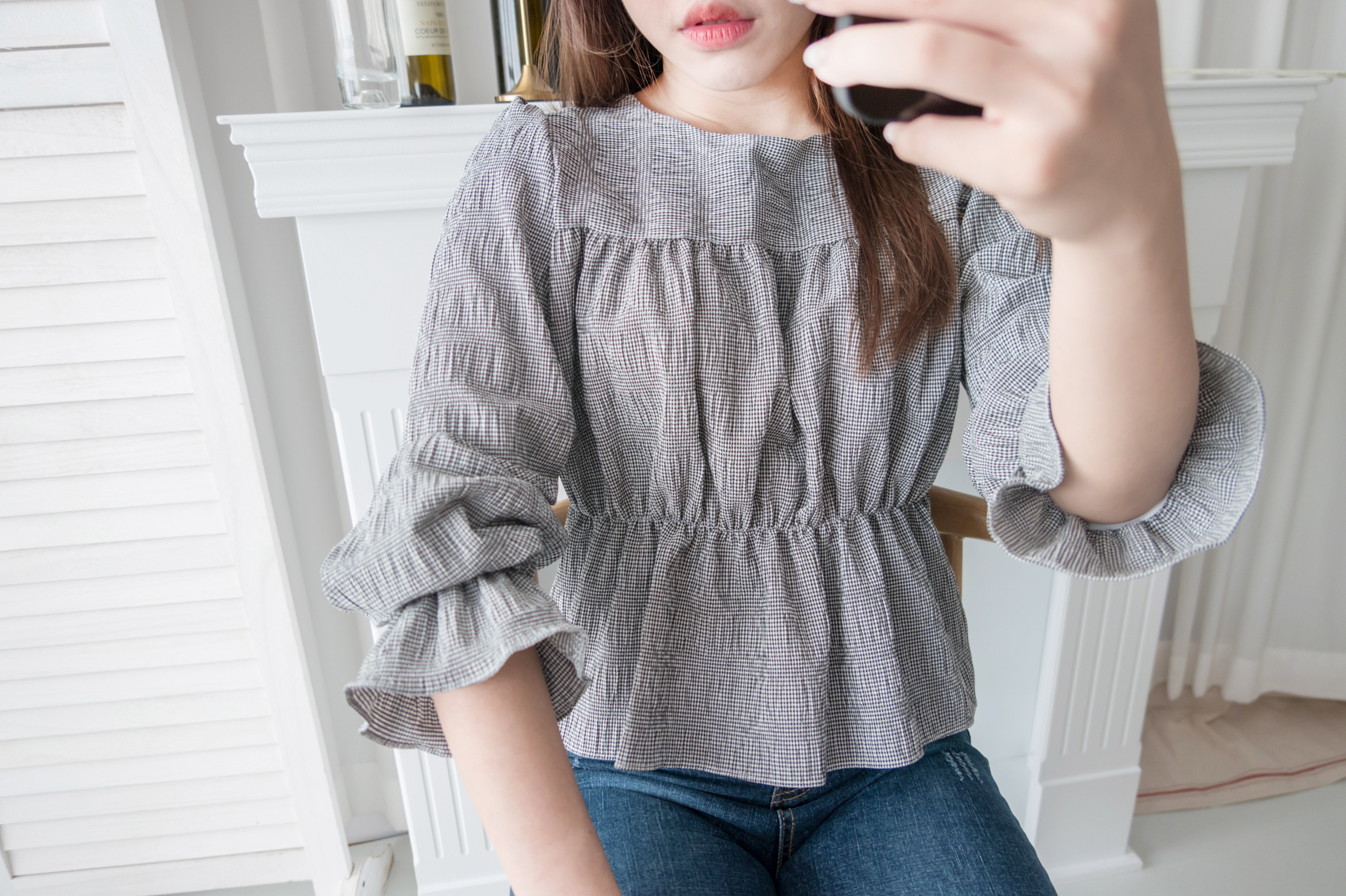 Secret Check 皺條紋暗格橡筋修腰, Blouse/ BU8872 (black sold out)