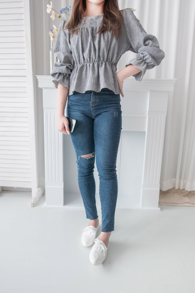 Secret Check 皺條紋暗格橡筋修腰, Blouse/ BU8872 (black sold out)