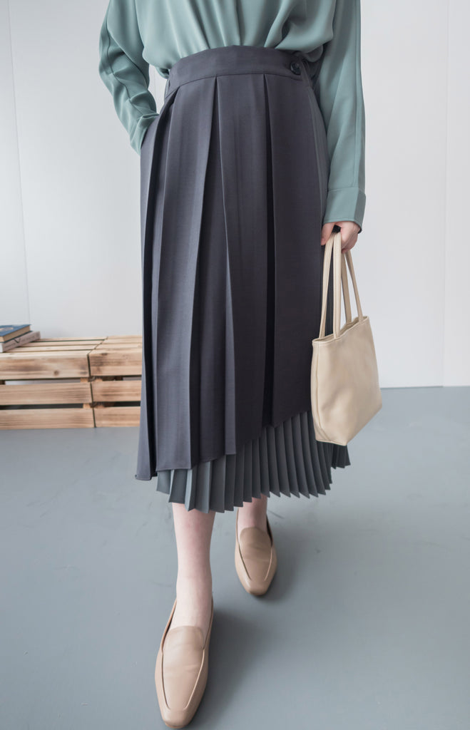 Spliced Pleated 雙色拼百褶口袋半身裙, Skirt/ SK8657 (深淺杏 Beige sold out)