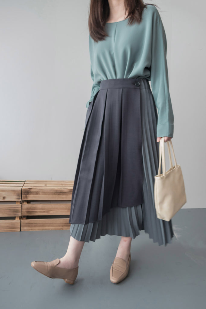 Spliced Pleated 雙色拼百褶口袋半身裙, Skirt/ SK8657 (深淺杏 Beige sold out)