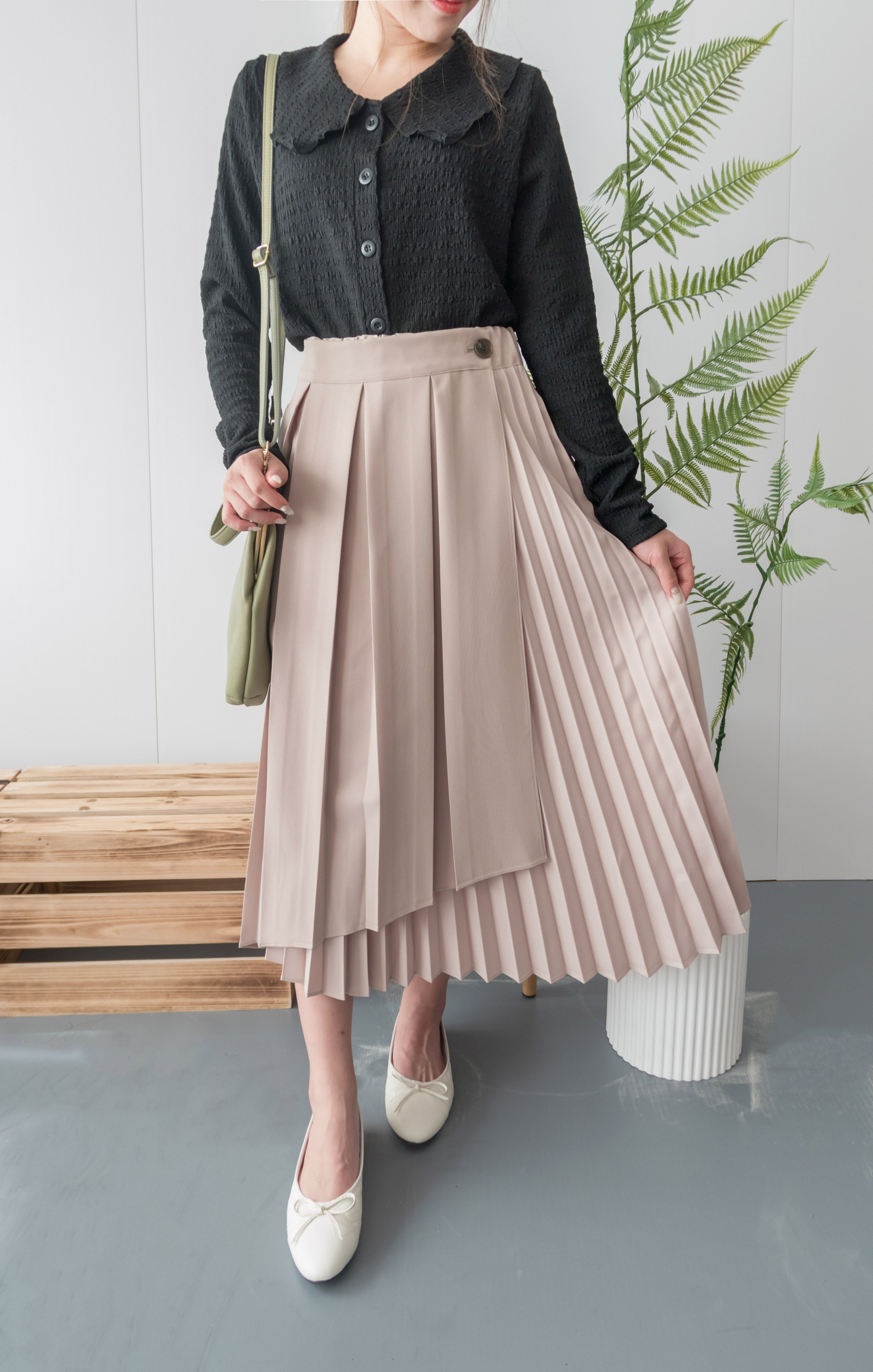 Spliced Pleated 雙色拼百褶口袋半身裙, Skirt/ SK8657 (深淺杏 Beige sold out)