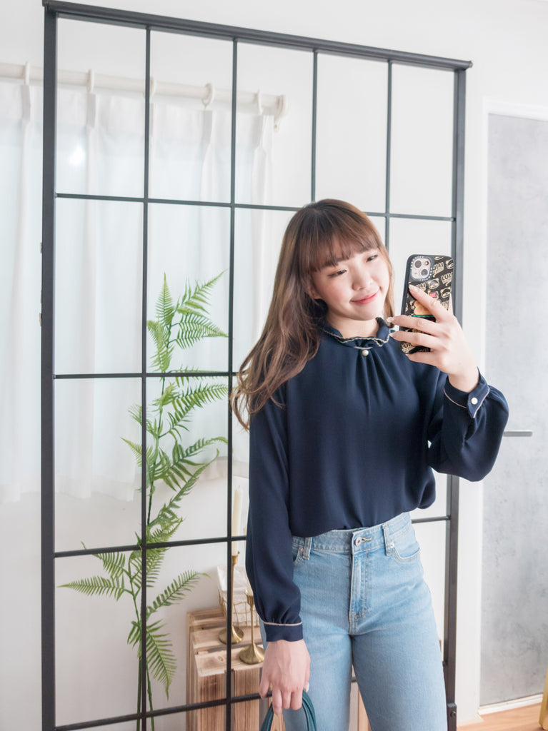 Ruffle Collar 氣質雪紡線條花邊珍珠領口, Blouse/ BU8885 (navy sold out)