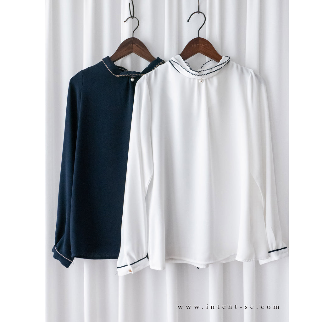 Ruffle Collar 氣質雪紡線條花邊珍珠領口, Blouse/ BU8885 (navy sold out)