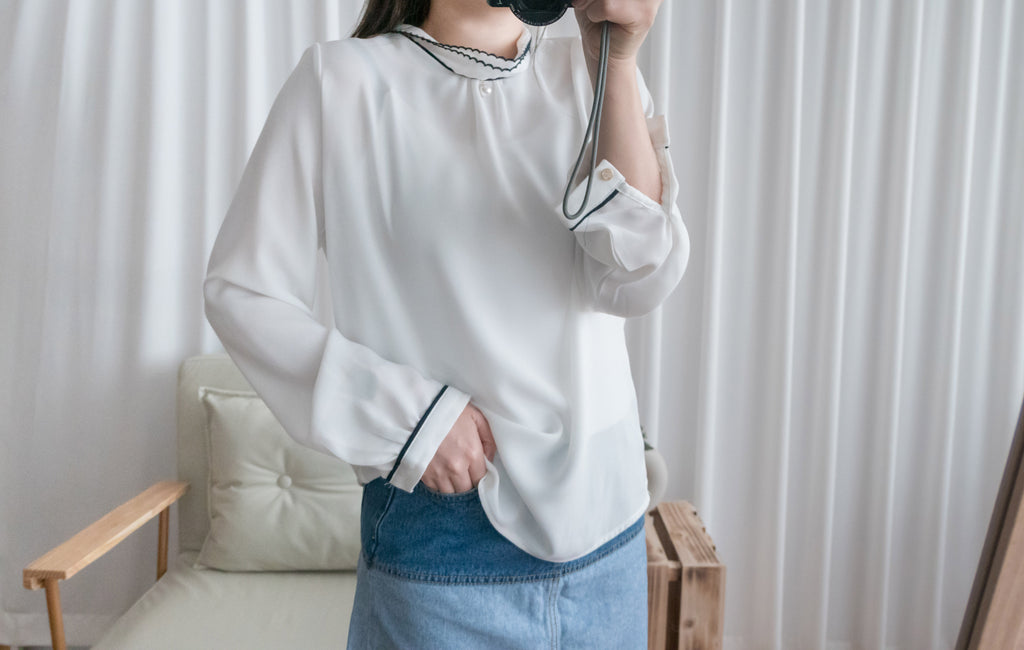 Ruffle Collar 氣質雪紡線條花邊珍珠領口, Blouse/ BU8885 (navy sold out)