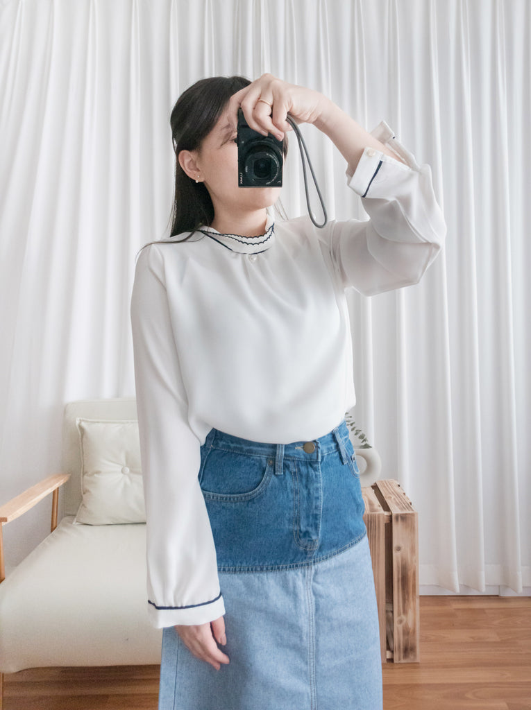 Ruffle Collar 氣質雪紡線條花邊珍珠領口, Blouse/ BU8885 (navy sold out)