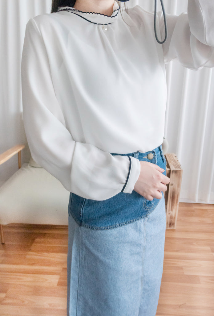 Ruffle Collar 氣質雪紡線條花邊珍珠領口, Blouse/ BU8885 (navy sold out)