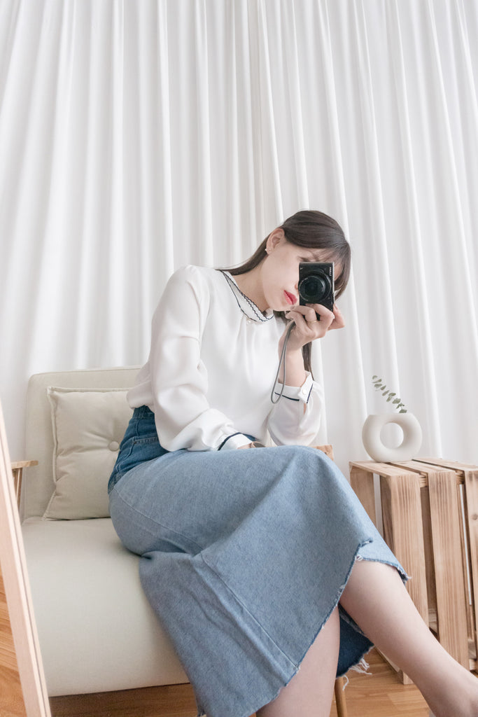 Ruffle Collar 氣質雪紡線條花邊珍珠領口, Blouse/ BU8885 (navy sold out)