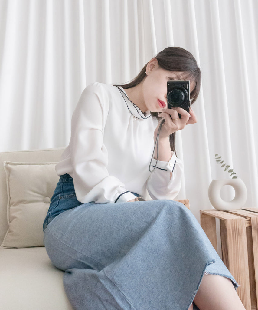 Ruffle Collar 氣質雪紡線條花邊珍珠領口, Blouse/ BU8885 (navy sold out)