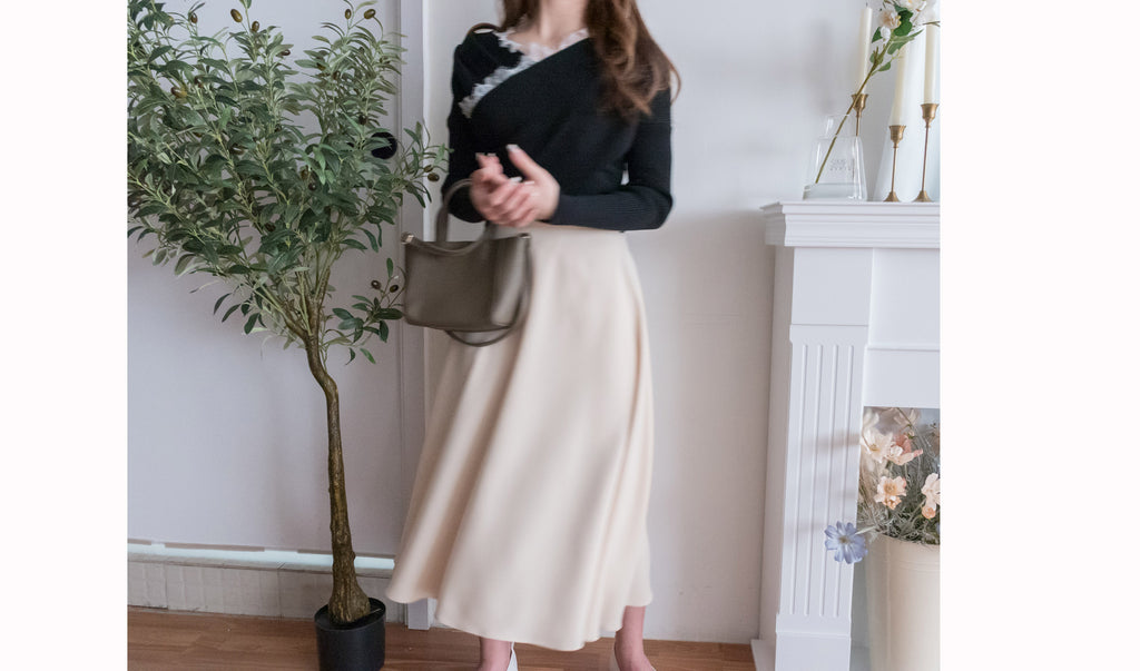 Silk Smooth 四色絲滑質料顯瘦傘形長裙, Skirt/ SK8673 (Ivory/black sold out)