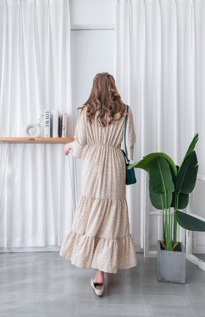 Ruffle Dot 象牙白法式點點疊領後橡筋傘裙, Dress/ DS9189
