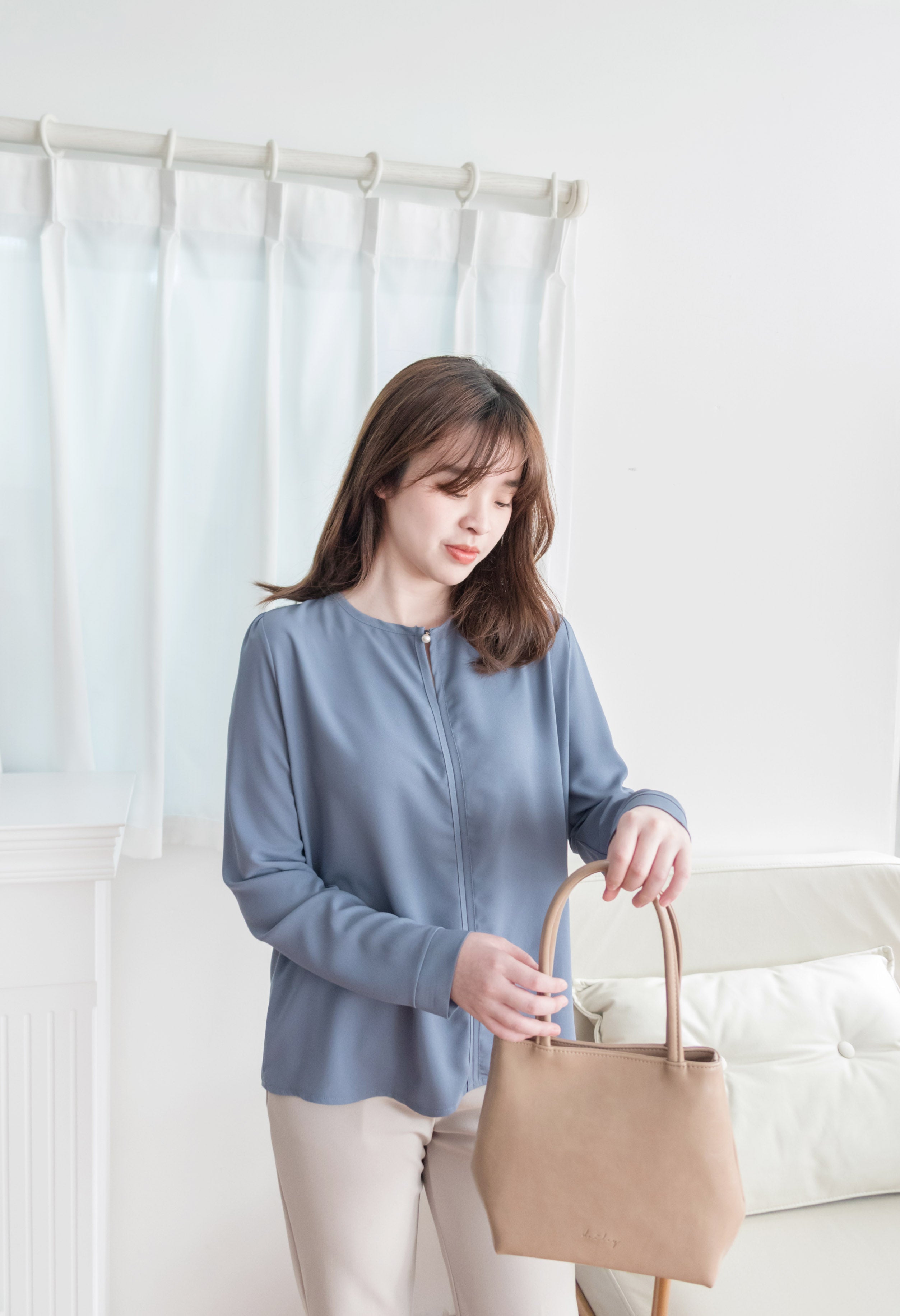 Pearl 合身簡約珍珠鈕扣雪紡, Blouse/ BU8911 (steelblue/white sold out)