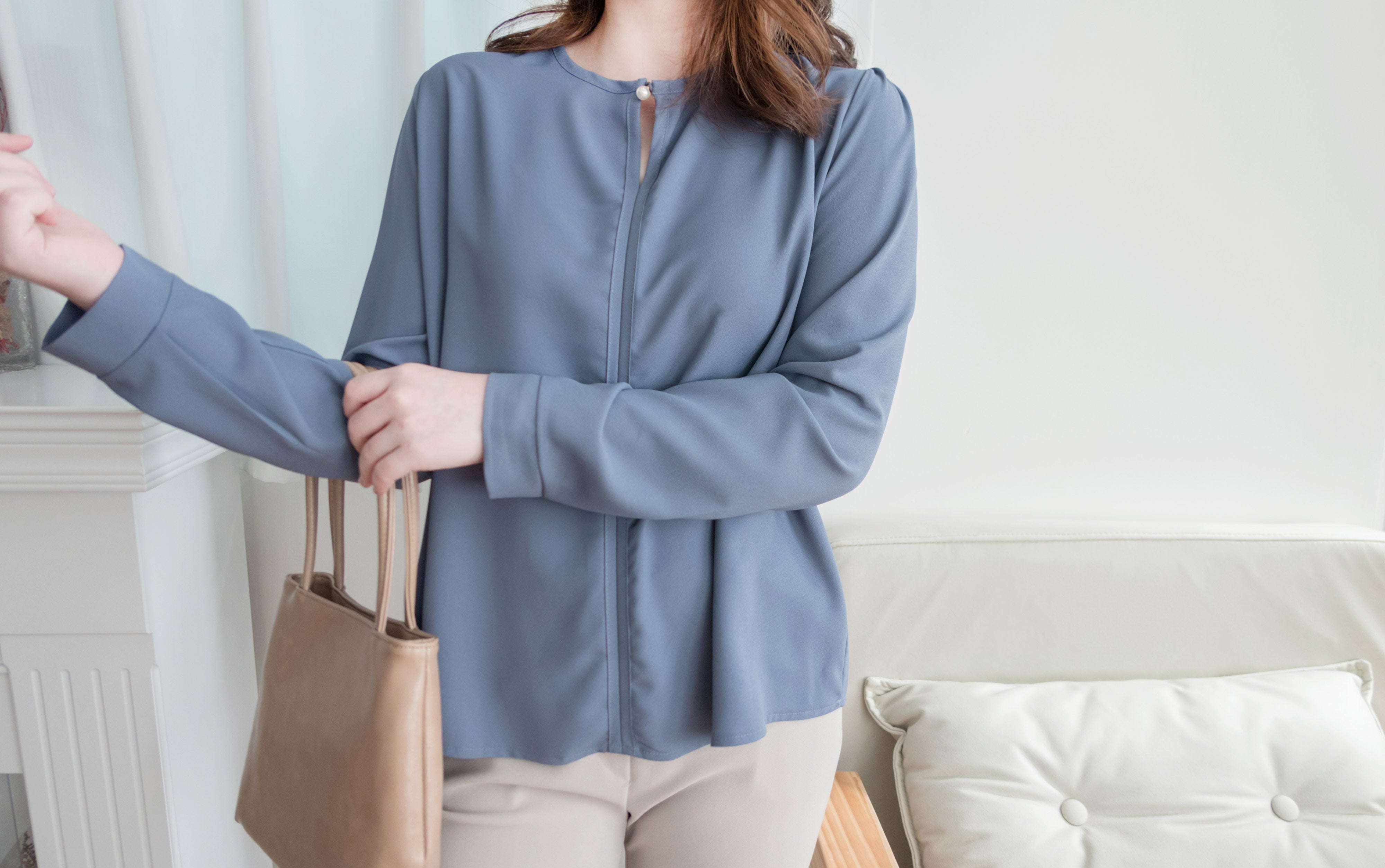 Pearl 合身簡約珍珠鈕扣雪紡, Blouse/ BU8911 (steelblue/white sold out)