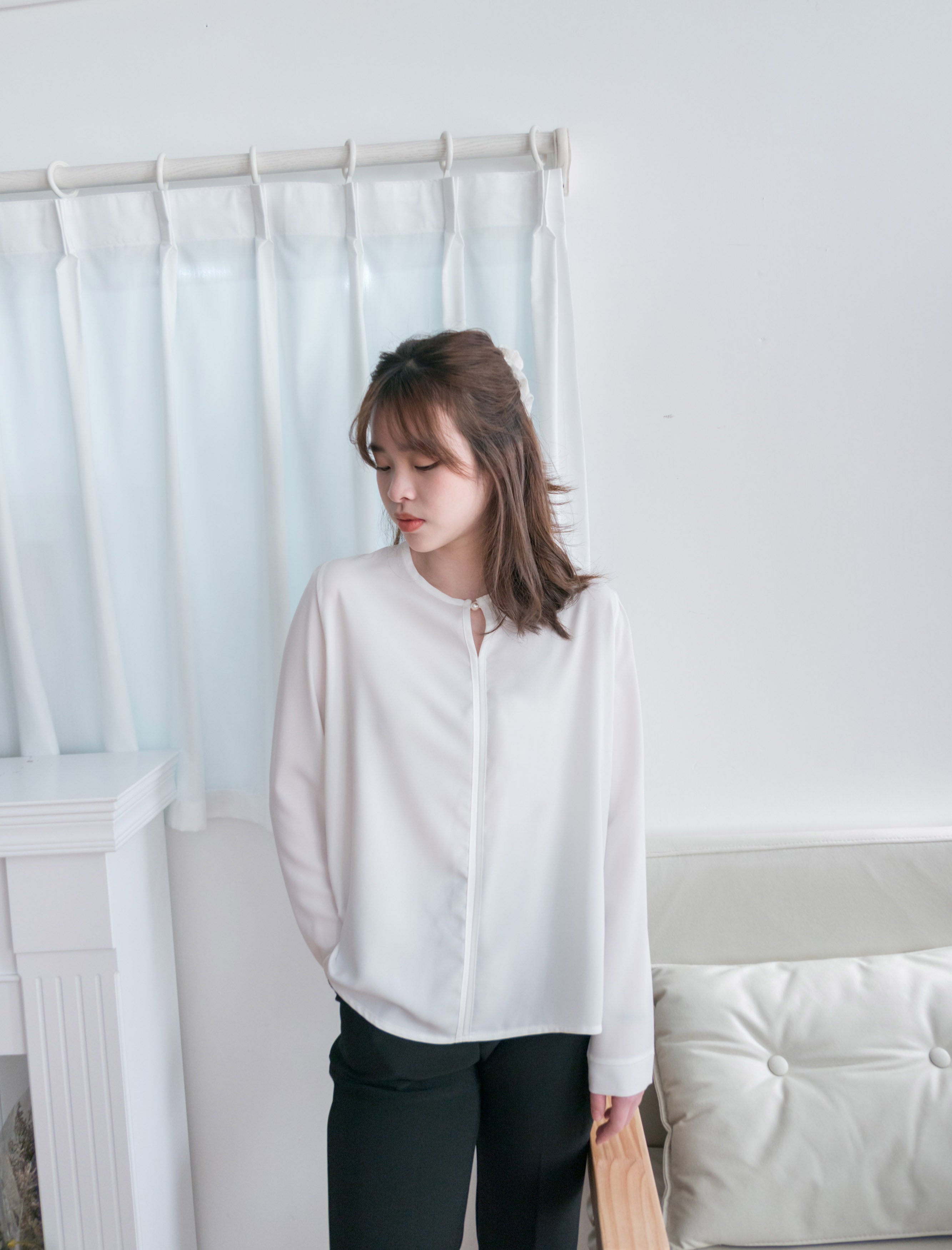 Pearl 合身簡約珍珠鈕扣雪紡, Blouse/ BU8911 (steelblue/white sold out)