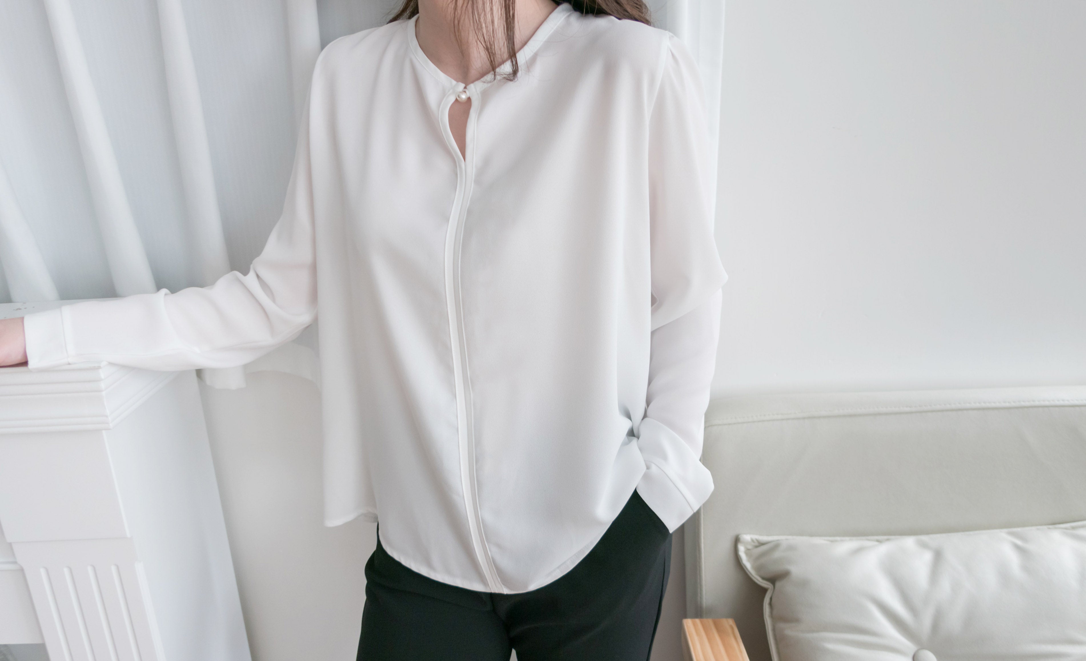 Pearl 合身簡約珍珠鈕扣雪紡, Blouse/ BU8911 (steelblue/white sold out)