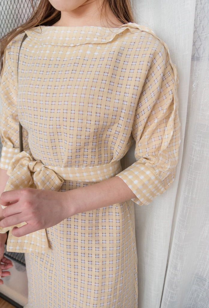 Elegant Check 細緻船領荷葉邊織格紋連身裙, Dress/ DS9193 (light yellow soldout)