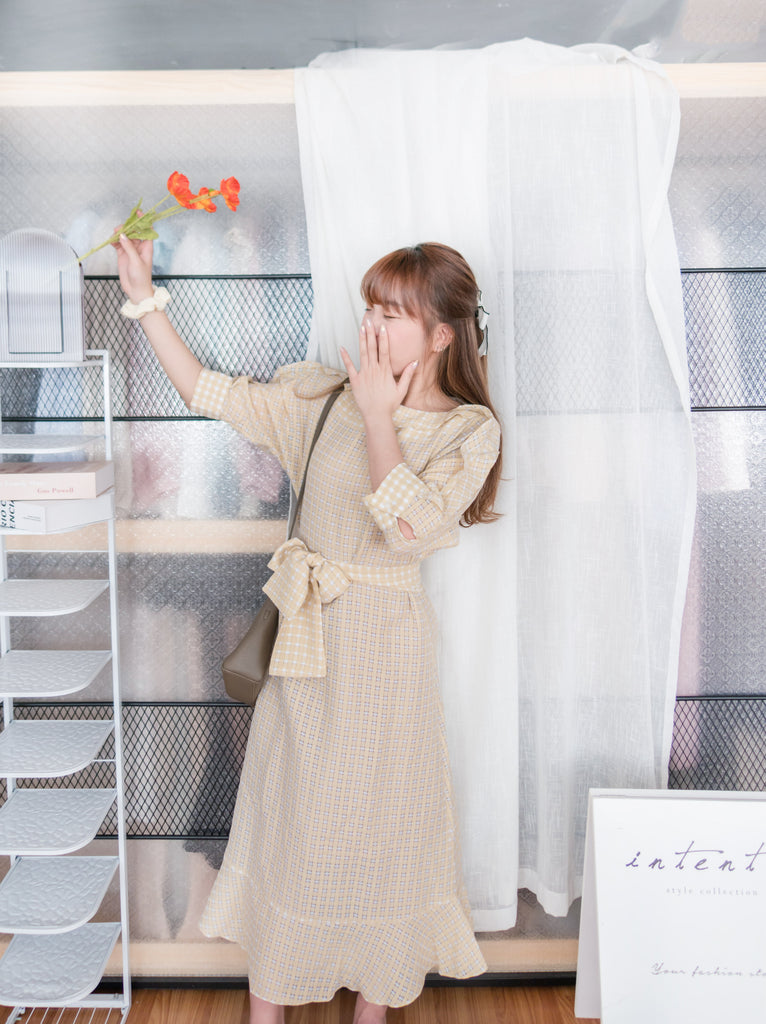 Elegant Check 細緻船領荷葉邊織格紋連身裙, Dress/ DS9193 (light yellow soldout)