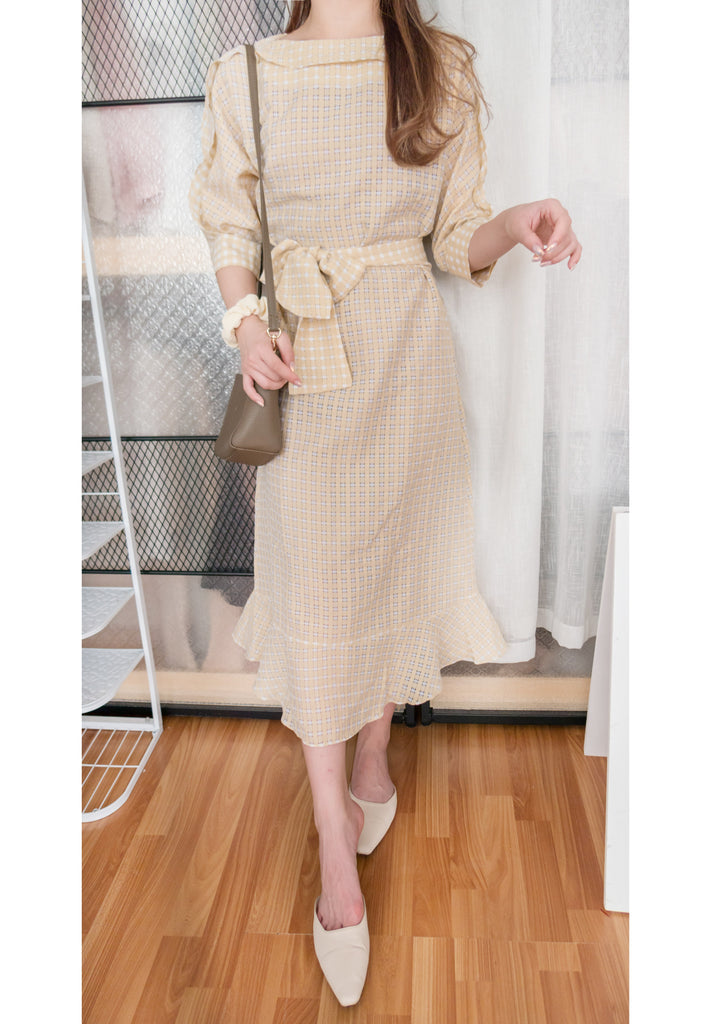Elegant Check 細緻船領荷葉邊織格紋連身裙, Dress/ DS9193 (light yellow soldout)