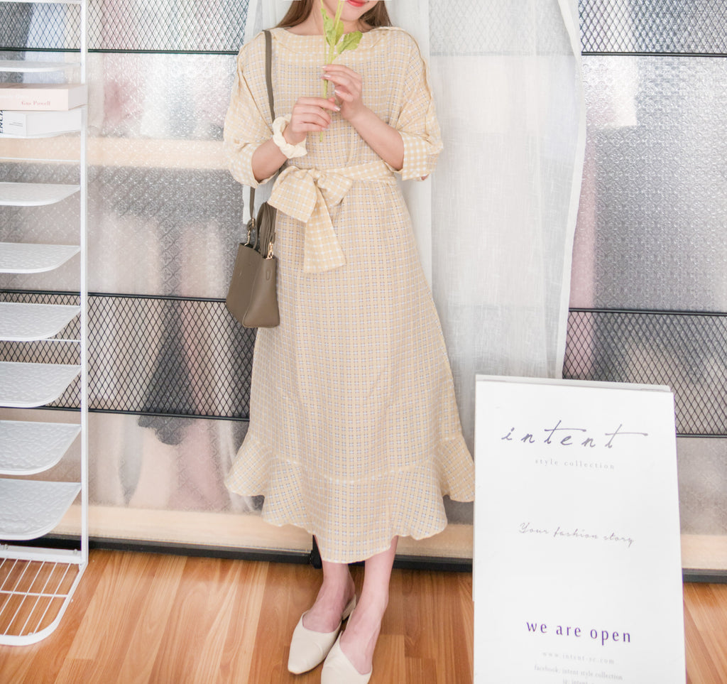 Elegant Check 細緻船領荷葉邊織格紋連身裙, Dress/ DS9193 (light yellow soldout)