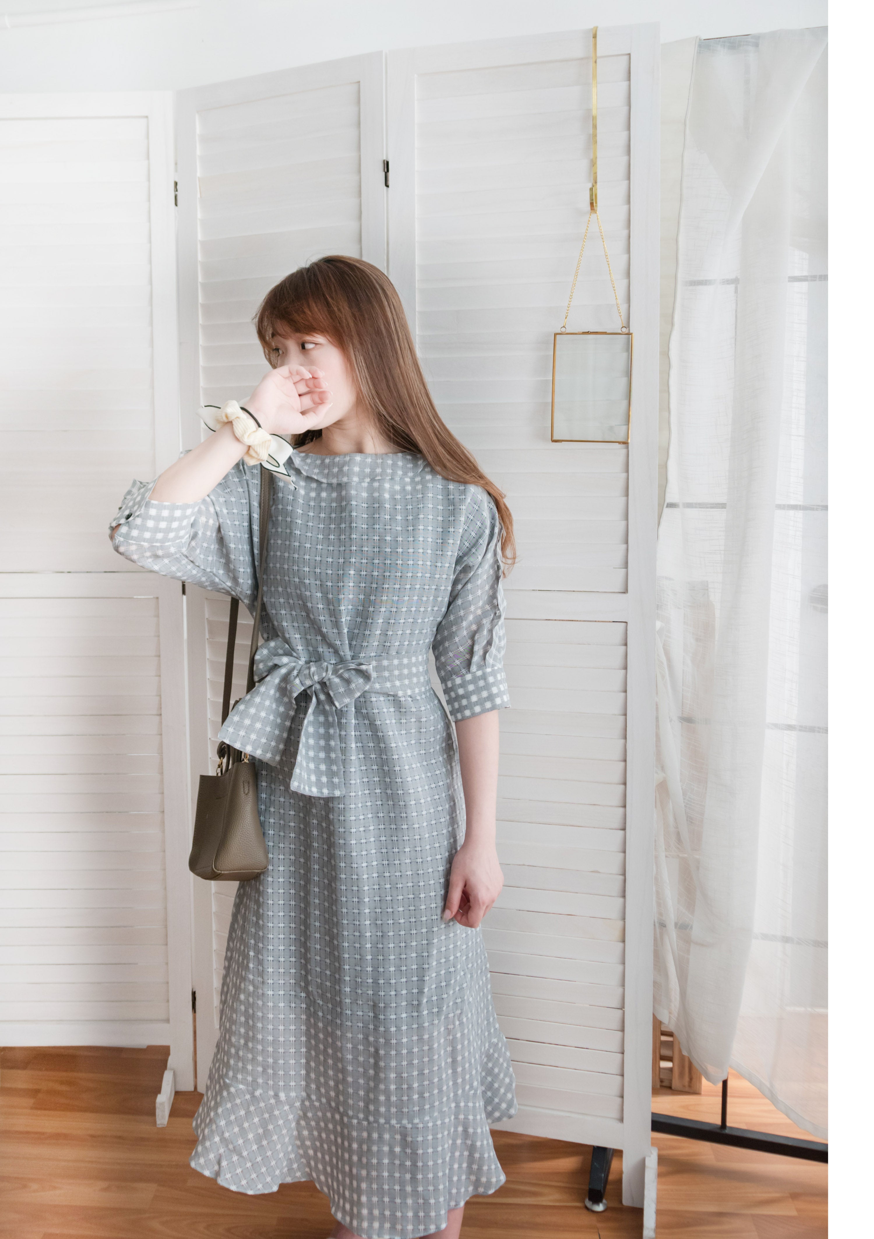 Elegant Check 細緻船領荷葉邊織格紋連身裙, Dress/ DS9193 (light yellow soldout)
