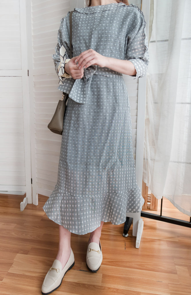 Elegant Check 細緻船領荷葉邊織格紋連身裙, Dress/ DS9193 (light yellow soldout)
