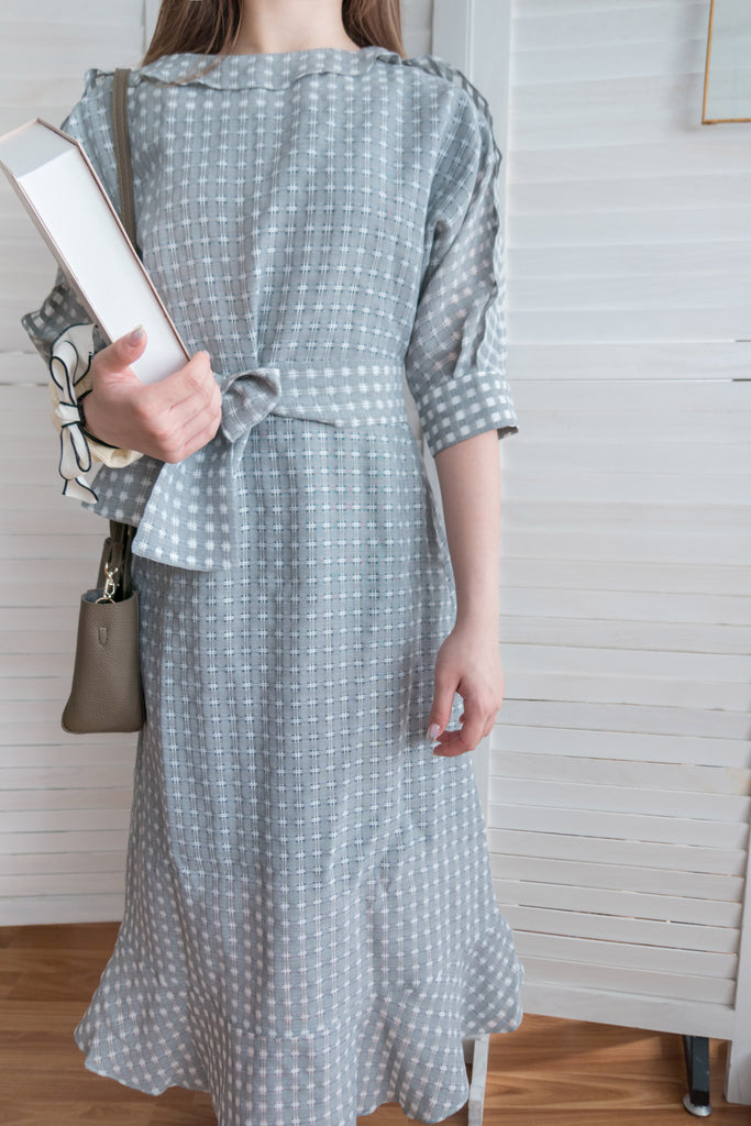 Elegant Check 細緻船領荷葉邊織格紋連身裙, Dress/ DS9193 (light yellow soldout)